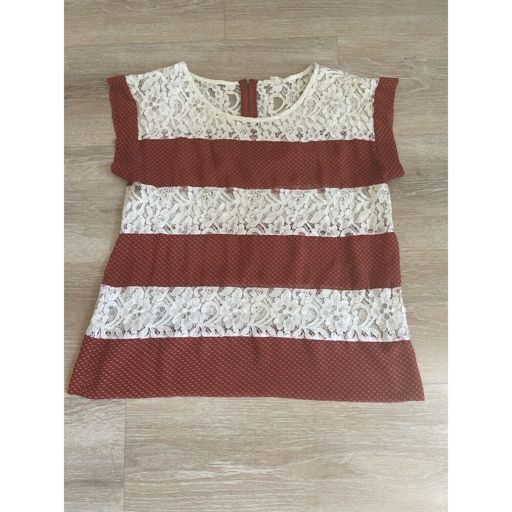 Hem & Thread Women’s Large Boho Lace Colorblock Blouse Cap Sleeve Top